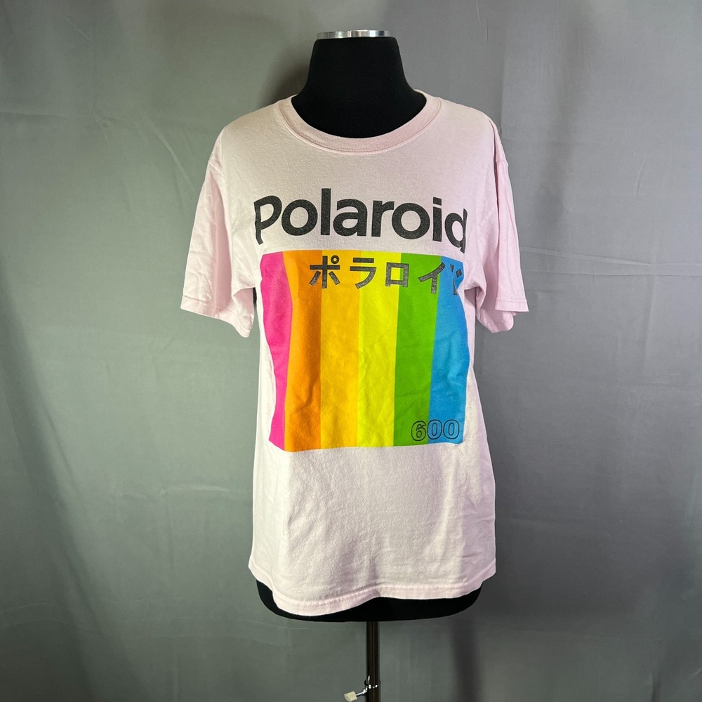 Polaroid T Shirt Womens Medium Pale Pink Cotton Polaroid Rainbow Logo Crew Neck